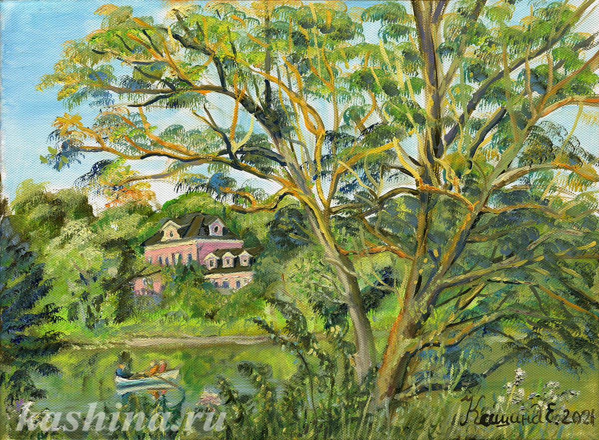 "Голицыно. Катание на лодке. Вид на усадьбу Большие Вяземы," картина Евгении Кашиной "Голицыно. Катание на лодке. Вид на усадьбу Большие Вяземы," картина Евгении Кашиной