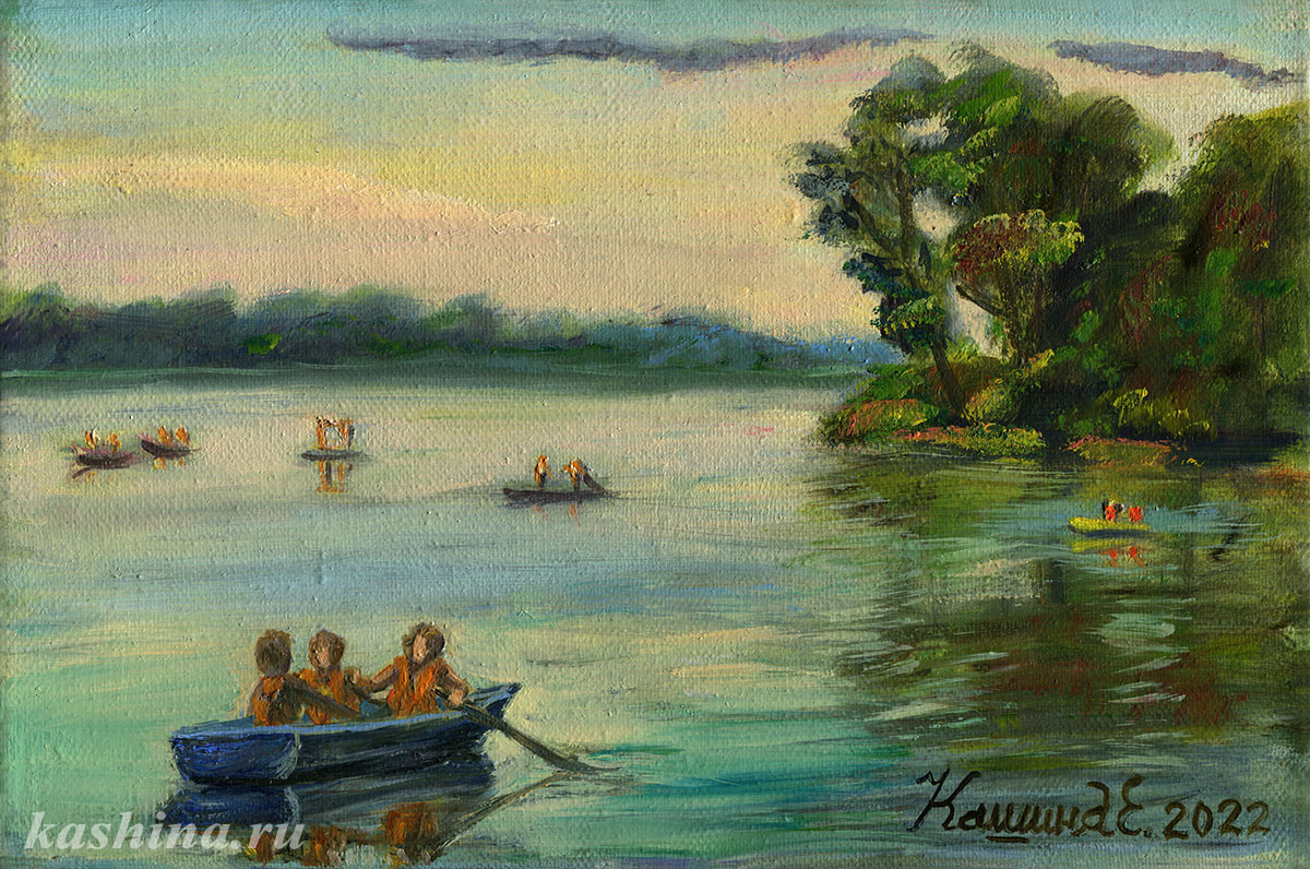 "Катание на лодках на озере Сенеж," картина Евгении Кашиной "Катание на лодках на озере Сенеж," картина Евгении Кашиной