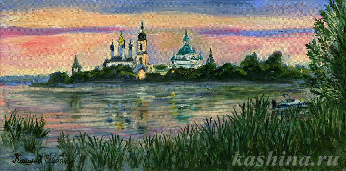 "Закат на озере Неро. Вид на Спасо-Яковлевский Димитриев монастырь.," картина Евгении Кашиной "Закат на озере Неро. Вид на Спасо-Яковлевский Димитриев монастырь.," картина Евгении Кашиной