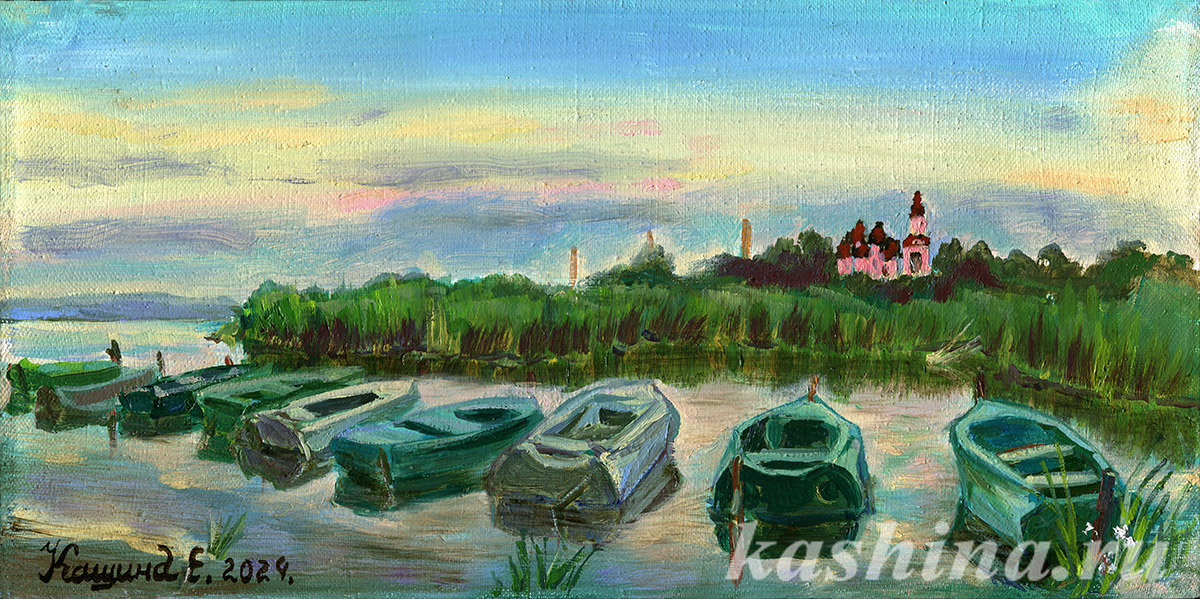 "Заутреня. Рассвет на озере Неро, вид на Авраамиев монастырь, лодки.," картина Евгении Кашиной "Заутреня. Рассвет на озере Неро, вид на Авраамиев монастырь, лодки.," картина Евгении Кашиной